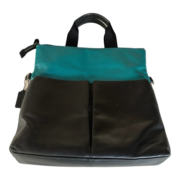 Coach Charles Perforated Leather Seagreen/Black Foldover Tote. - Picture 11 of 12